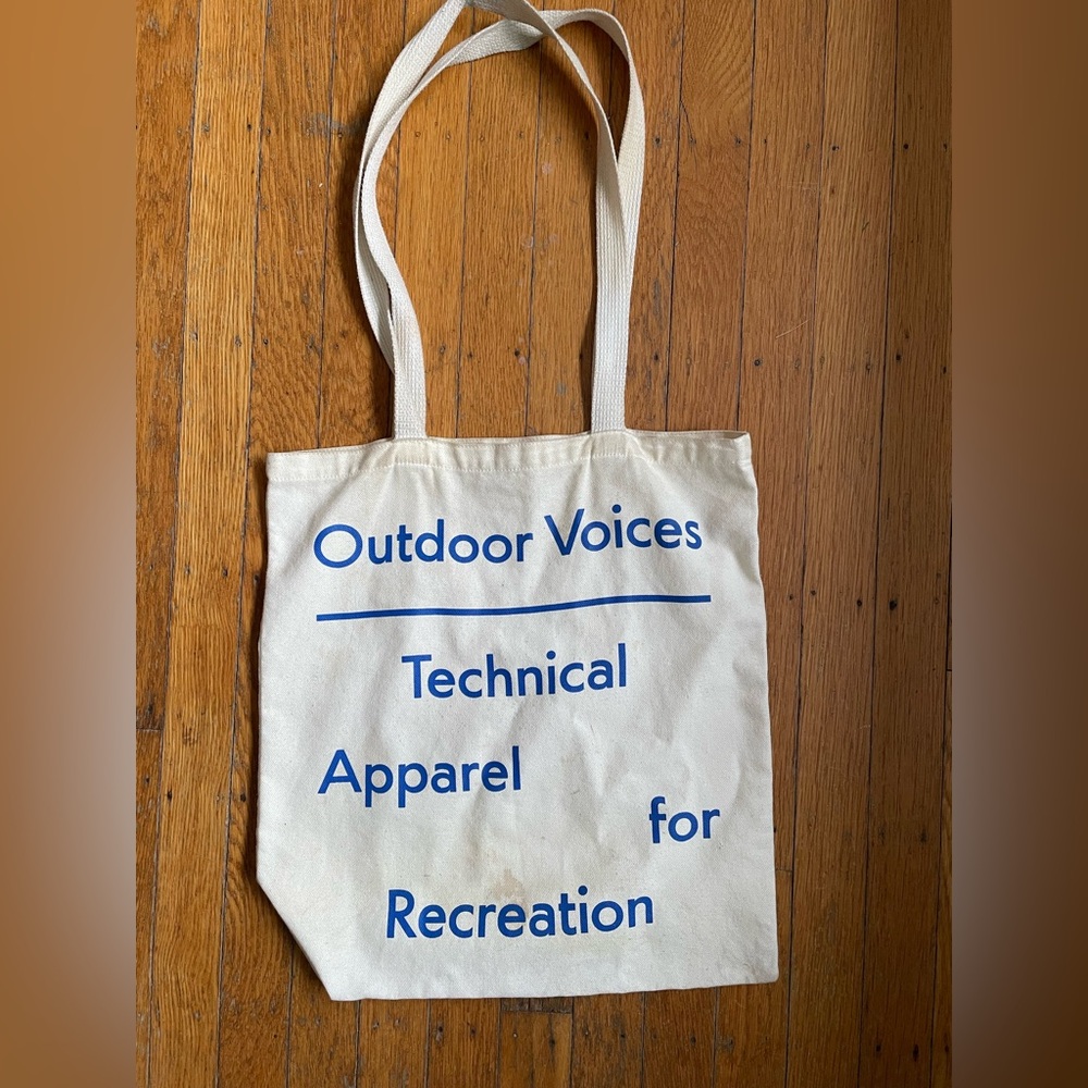 Outdoor Voices Cream Tote with Blue Text